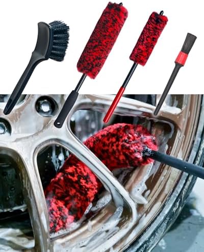 oesee Professional 4 Pack Long Handle Wheel Brush Kit for Cleaning Wheel and Tire- 2X Soft Wheel Cleaning Brush, Detailing Brush and Stiff Tire Brush, Bendable& Durable Wheel Rim Cleaner Brush Set by OeSee