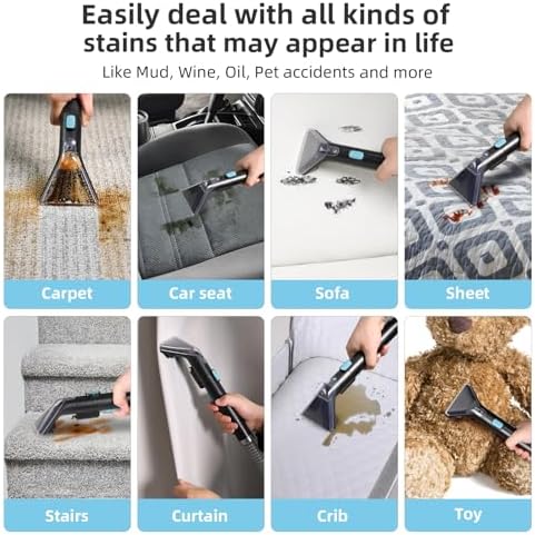 Slevoo 450W Portable Carpet Cleaner Machine with 1 Bottle Cleaning Solutions, Strong Suction Upholstery and Furniture Cleaner for Cleaning Stairs, Car Interiors, for Pet Footprint, Dust, Oil (Blue) - Image 6