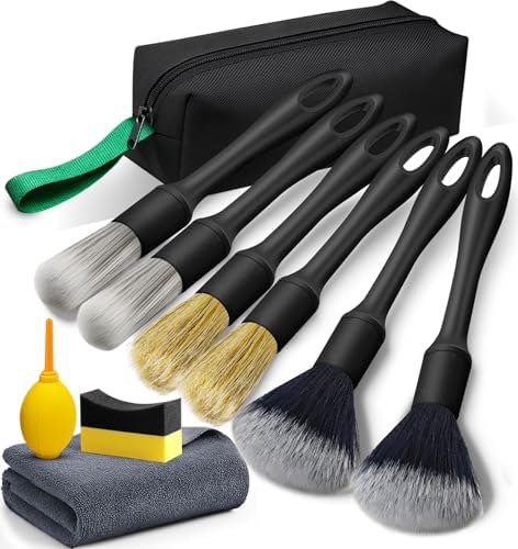 10PCS Car Detailing Brush Kit, All-in-One Interior Exterior Auto Detailing Brushes Set, Durable Ultra Soft Boars Hair Car Detail Brush, Car Cleaning Brush with Storage Bag & Car Drying Towel by FINDTHEINNERPEACEYOUWISH