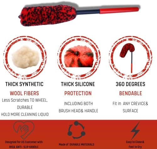 oesee Professional 4 Pack Long Handle Wheel Brush Kit for Cleaning Wheel and Tire- 2X Soft Wheel Cleaning Brush, Detailing Brush and Stiff Tire Brush, Bendable& Durable Wheel Rim Cleaner Brush Set - Image 6