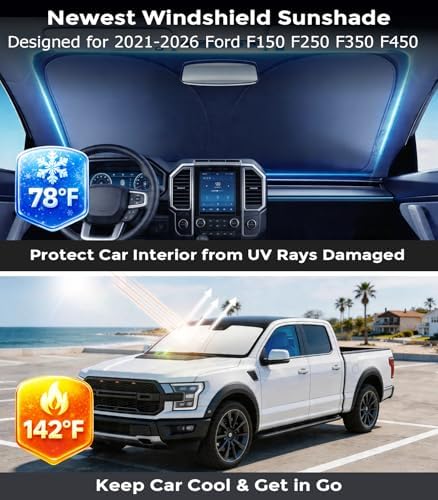 DMJN Front Windshield Sun Shade for Ford F150 F250 F350 F450 (2021-2026), [Nano Ice-Crystal Coatings] UPF50+ Heat & UV Block, Protect Car Interior & Keep Cool, Flodable Steel-Ring Car Cover for Summer - Image 2