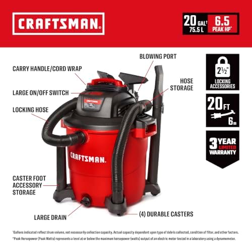 CRAFTSMAN CMXEVBE17596 20 Gallon 6.5 Peak HP Wet Dry Shop Vacuum - Image 2