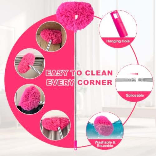 Ceiling Fan Cleaner Duster Reusable Microfiber Ceiling Fan Blade Cleaner Removable Duster with Extension Pole Adjusts 13 to 49.7 Inch for Cleaning Walls Bookshelves Furniture Door Window Top (Rosy) - Image 3