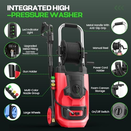 Electirc Pressure Washer with 3 Levels Adjustable Pressure Gun, Portable Pull-Handle, 4 Nozzles and Foam Cannon, Heavy Duty Pressure Washer for Home/Car/Fence/Garden, Red - Image 3