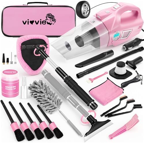 Pink Car Cleaning Kit, 25Pcs Detailing Kit Interior with 4-in-1 Power Handheld Vacuum Cleaner, Detailing Brush Set, 2-in-1 Windshield Cleaner Tool, Car Accessories for Cleaning, Gift for Women by Vioview