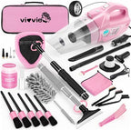 Pink Car Cleaning Kit, 25Pcs Detailing Kit Interior with 4-in-1 Power Handheld Vacuum Cleaner, Detailing Brush Set, 2-in-1 Windshield Cleaner Tool, Car Accessories for Cleaning, Gift for Women by Vioview