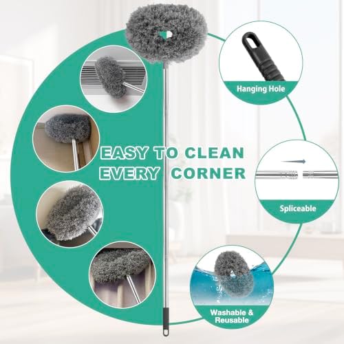 Ceiling Fan Cleaner Duster Reusable Microfiber Ceiling Fan Blade Cleaner Removable Duster with Extension Pole Adjusts 13 to 49.7 Inch for Cleaning Walls Bookshelves Furniture Door Window Top (Gray) - Image 3