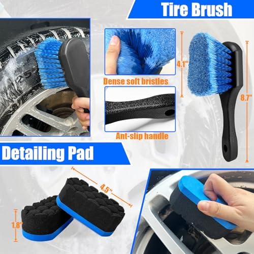 Car Wheel Brush Kit, Soft Drill Wheel Cleaner Brush, Tire Brush, Detailing Brush, and Detailing Pads, No Scratches Car Wheel Cleaning Kit for Wheels, Tires, Rims, Engines, Exhaust(Blue+White, 6 Pack) - Image 6