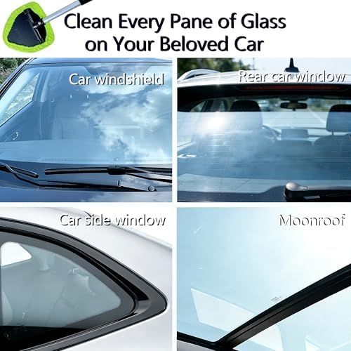 Microfiber Car Windshield Cleaning Tool with Extendable Handle,Car Defogging Glass Cleaning Brush with 4 Reusable Microfiber Pads 1 Spray Bottle and 1 Car Dust Removal Brush. (Green) - Image 5