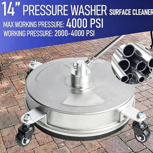 Hourleey 14" Pressure Washer Surface Cleaner, Stainless Steel Surface Cleaner with 4 Wheels for Concrete, Patio, Sidewalk, Deck, Pathway 1/4" Quick Connector, 2 Extension Wand, 4000 PSI - Image 3
