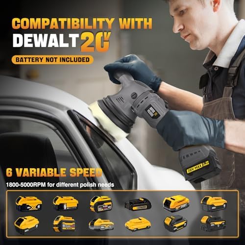 VERVEWAVE Cordless Buffer Polisher Kit for Dewalt 20V Battery (No Battery), 6-Inch Orbital Car Polisher Variable Speed 1800—5500 RPM, 17PCS Polishing Accessories, for Car Polishing/Waxing (Tool Only) - Image 2
