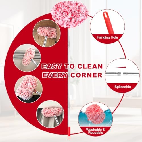 Ceiling Fan Cleaner Duster Reusable Microfiber Ceiling Fan Blade Cleaner Removable Duster with Extension Pole Adjusts 13 to 49.7 Inch for Cleaning Walls Furniture Door Window Top (Red White) - Image 3