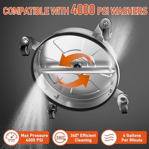 14" Pressure Washer Surface Cleaner with 4 Wheels, 4000 PSI Max Stainless Steel Surface Cleaner for Pressure Washer, 2 Extension Wands, 1/4" Quick Plug, for Concrete, Patio, Sidewalk, Deck - Image 4