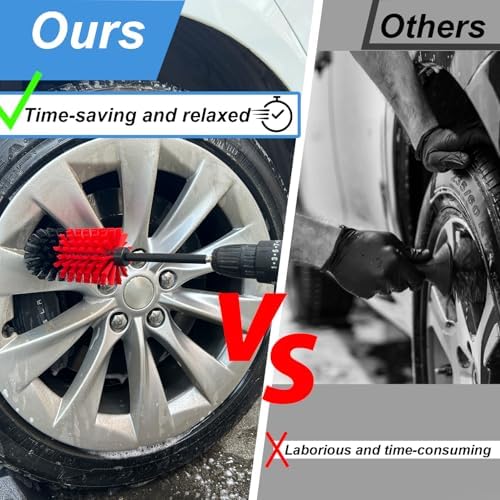 Wheel Brush Kit, Soft Drill Wheel Cleaner Brush, No Scratches Highly Dense Car Cleaning Brush Set for Wheels, Rims, Engines, Exhaust(Red/Black,2Pcs) - Image 2