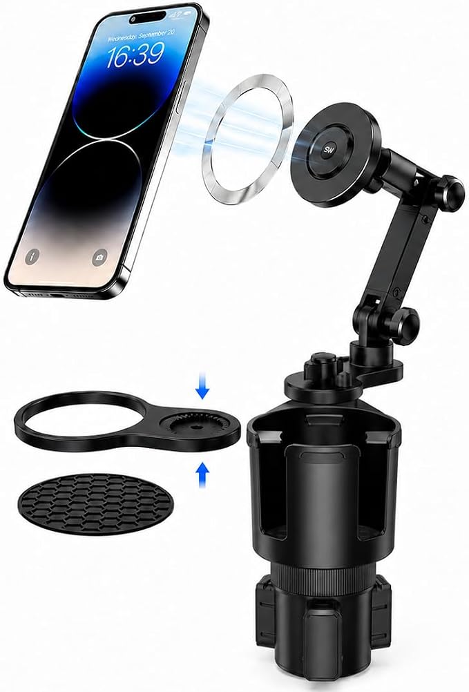 Magnetic Cup Holder Phone Mount for Car, Dual Cup Holder Adjustable Arm | 2-in-1 phone mount & cup expander, cleaner car, no interior damage, no suction, no adhesive, no vent clip, safer no-drop hold by ondite