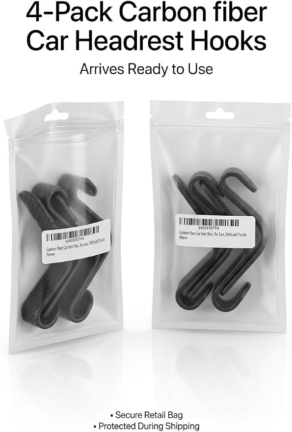 Carbon Fiber Car Seat Headrest Hooks, 4 Pack Car Back Seat Organizer Hooks for Handbags, Purses, Groceries, Coats and Accessories, Universal Vehicle Storage Hanger Hooks for Cars, SUVs and Trucks - Image 2
