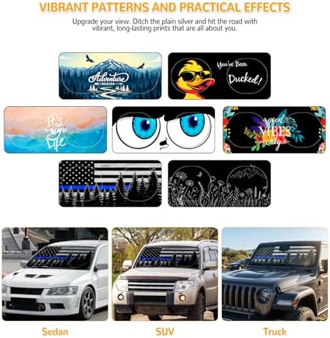 Windshield Sun Shade for Car, 63"x28.5" Stylish Printed Front Window Sunshade with Double Steel Ring Frame, Universal Fit Foldable Heat Blocker & UV Protector, with Storage Pouch (Bline Line Flag) - Image 3