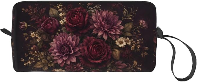 Burgundy Floral Small Makeup Bag, 600D Oxford Travel Pouch | Burgundy Floral Cosmetic Pouch with Double-Sided Print and Foam Padding for Women, Travel, Gym, Weekend Trips and Daily - Image 8