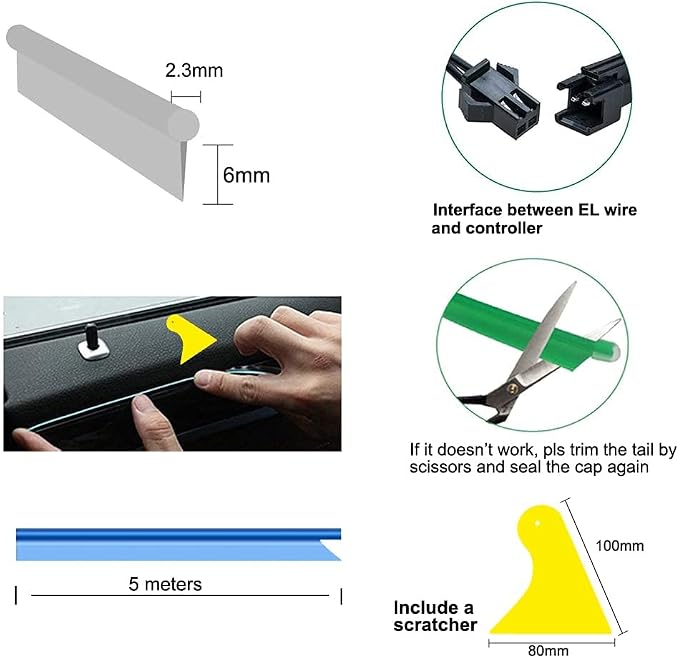 El Wire White Interior Car LED Strip Lights, 5M Neon Wire USB 5V with Fuse Protection for Automotive Interior Decoration, with 6mm Sewing Edge - Image 5