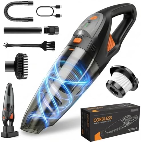 Handheld Vacuum Cordless, 25000Pa Powerful Suction Car Vacuum Portable Cordless with 8000mAh Battery & LED Light, Hand Held Vacuum Rechargeable with HEPA Filters, Home, Car Seats, Pet Hair Orange by Unknown