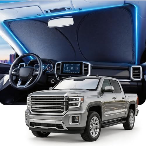 DMJN Front Windshield Sun Shade for GMC Sierra 1500 2500 3500(2014-2026), [Nano Ice-Crystal Coatings] UPF50+ Heat & UV Block, Protect Car Interior & Keep Cool, Flodable Steel-Ring Car Cover for Summer by DMJN
