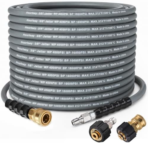 Hourleey Pressure Washer Hose 50FT, Kink Resistant High Tensile Wire Power Washer Hose, Rubber Wire Braided with 3/8" Quick Connect for Hot/Cold Water, 4000 PSI, Gray by Hourleey
