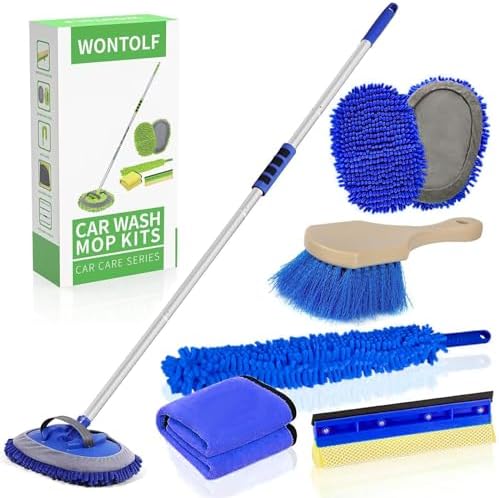 Wontolf 62'' Car Wash Brush With Long Handle - Chenille Microfiber Mop Mitt, Cleaning Kit, Windshield Window Squeegee, Duster, Microfiber Towels, Wheel Tire Brush for Cars, RV, Truck, Boat by Wontolf