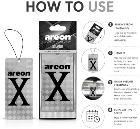 AREON X Silver Hanging Car Air Freshener - Long Lasting Fragrance for Cars - Stylish Interior Scent Freshener - Odor Neutralizing Air Freshener - Premium Auto Accessory for Daily Use (Pack of 3) - Image 4