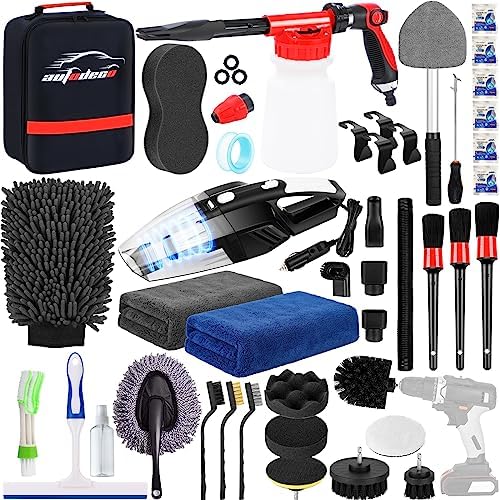 40Pcs Car Wash Detailing Kit Cleaning Kits with Foam Gun Sprayer Vacuum with Long Cord Drill Brush Large Wash Mitt Towels Complete Interior Exterior Car Washing Supply Set Black by AUTODECO