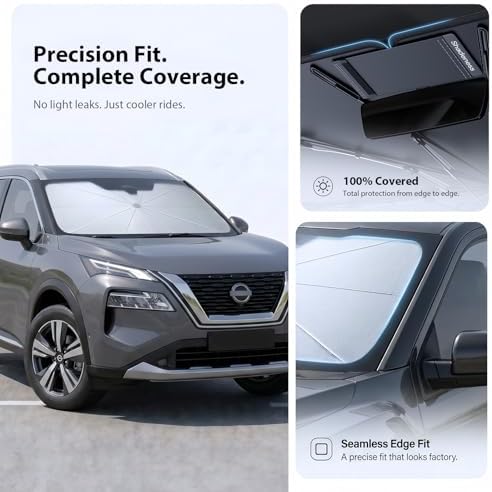 2026 Upgraded Windshield Sun Shade Umbrella for Nissan Rogue [Precision Custom Fit, Superior UV & Heat Block] Cooling Tech Fabric, Durable Foldable with Storage Bag, Fits 2008-2025 - Image 6
