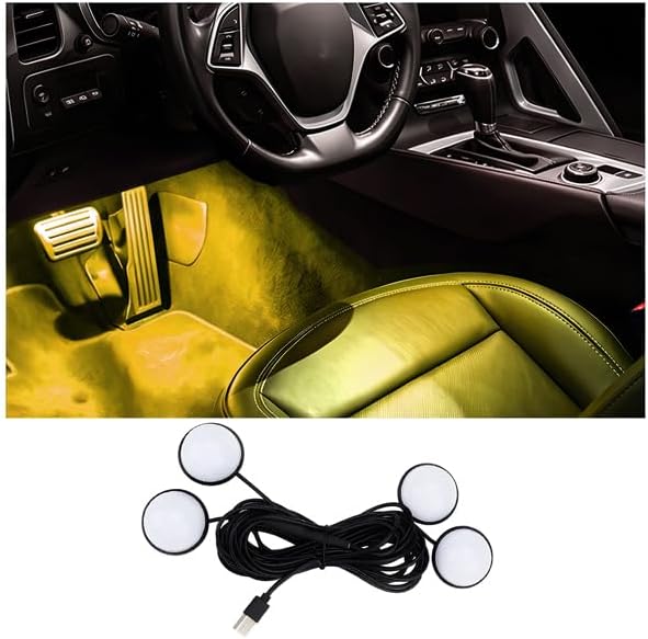 Car Interior LED Light, 4-in-1 USB Port Vehicle Under Dash Ambient Neon Lighting Decoration, Automotive Inside Foot Well Atmosphere Lamp, Universal Fit (Yellow) by BCOWPV