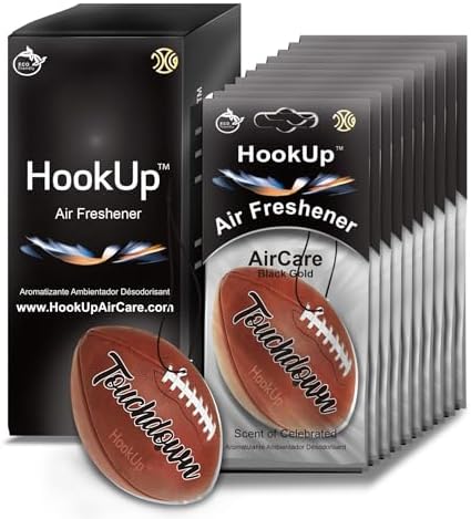Football Car Air Freshener by HookUp - 10 Pack - Black Gold Scent (Extra Strong) | Unique Football Gift for Players, Coach, Fans | Hanging Car Accessory with Long Lasting Fresheners Smell by HookUpAirCare