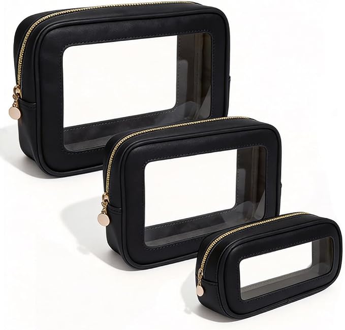 3-Piece Travel Clear Makeup Bag Set, Small Large Clear Cosemetic Bag with Makeup Brush Bag Waterproof Makeup Pouch with Zipper Toiletry Bags For Traveling Car Accessories for Women (Black Set) - Image 8