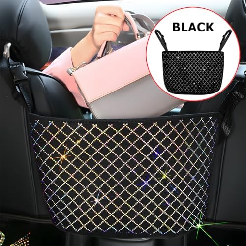 zipelo Bling Car Net Pocket Handbag Holder, Rhinestone Vehicle Backseat Purse Organizer Between Seats, Diamond Hanging Storage Bag Barrier of Pet Kids, Universal Automotive Accessories (Black) - Image 6
