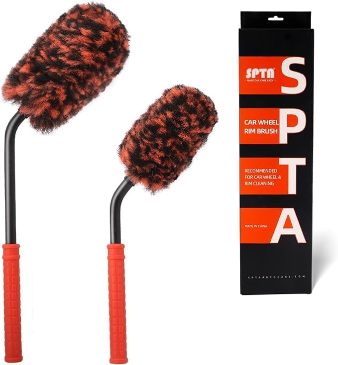 SPTA Angled Car Wheel Brush Set, 2Pcs Car Detailing Cleaning Brush Synthetic Wool Rim Cleaner Brush, Flat Spoke Brush, Metal Free Rim Tire Detail Brush, Remove Brake Dirt Behind Your Rim Accessories by SPTA