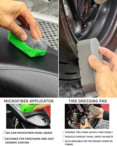 oesee 8 Pack Motorcycle Cleaning Kit - Professional Safe for Chrome/Engine/Tires, Hard Reach Brush, Microfiber Mitt, Detailing Tools, Drying Towel & Wax Applicators - Image 6