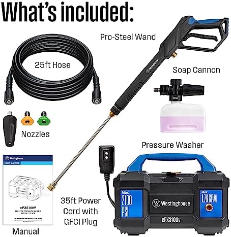 Westinghouse ePX3100v Electric Pressure Washer, 2100 Max PSI 1.76 Max GPM, Built-in Carry Handle, Detachable Foam Cannon, Pro-Style Steel Wand, 3-Nozzle Set, for Cars/Fences/Driveways/Home/Patios - Image 6