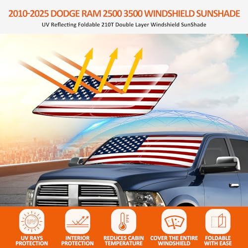 Bestview American Flag Windshield Sunshade for 2010-2025 Dodge Ram 2500 3500,Custom Fit Foldable Front Window Sunshade Sun Visor Accessories Protector Block UV Rays Heat, Keep Your Car Cooler - Image 3