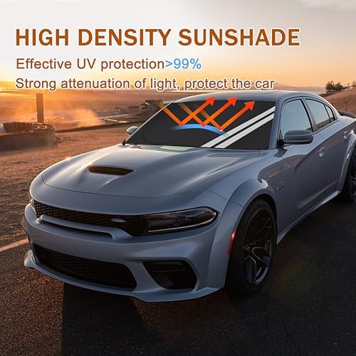 YOSRTER Front Windshield Sun Shade Fit for Dodge Charger Challenger Durango Journey Universal Fit to All Dodge Cars Foldable Sun Visor Protector Custom Fit Dodge Window Sunhade (Black White) - Image 2