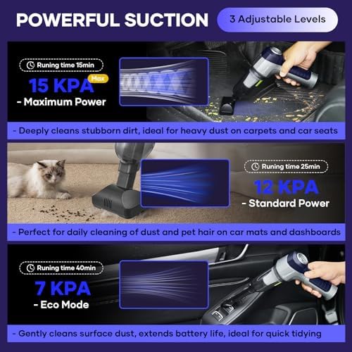 SakerPlus Mini Vacuum Cleaner, 3 in 1 Car Vacuum Cleaner High Power, 15000PA Powerful Suction, Air Duster, 7500mAh, Dual Filter,Adjustable Small Vaccum Portable Cordless for Cars,Desktop - Deep Blue - Image 3