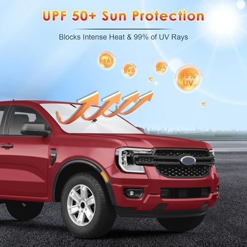 for Windshield Sunshade Umbrella 2019-2026 Ford Ranger, Custom Fit Windshield Sun Protector Cover, 6-Layer Heat-Resistant Fabric, Ultra-Strong Fiberglass Frame, Quick Setup (for 2019-2026 Ranger) - Image 3