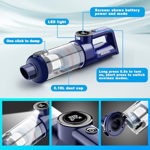 MONOZEL Handheld Vacuum Cordless - Car Vacuum Cleaner with Brushless Motor, 15kPa Powerful Suction Vacuum with LED Light, Type C Port, 2 Fliters, Portable Hand Vacuum for Home, Pet and Car - Image 6