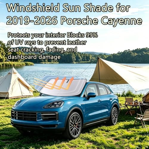 Windshield Sun Shade for 2019-2026 Porsche Cayenne Foldable Car Front Window Sunshade Double Layer 240 T Sun Visor Protector Reflective Cover Block UV Rays & Sun Heat Keep Your Car Cooler - Image 2