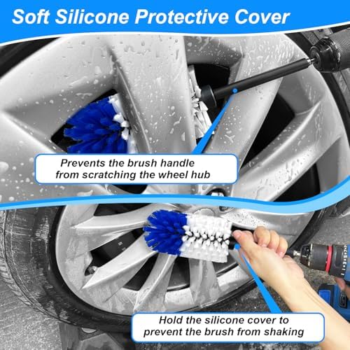Wheel Brush Kit, Soft Drill Wheel Cleaner Brush, No Scratches Highly Dense Car Cleaning Brush Set for Wheels, Rims, Engines, Exhaust(Blue/White,2Pcs) - Image 5