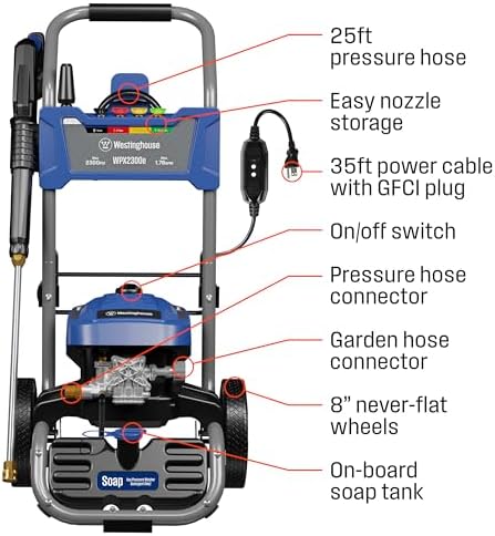 Westinghouse WPX2300e Electric Pressure Washer, 2300 Max PSI and 1.76 Max GPM, Induction Motor, Onboard Soap Tank, Spray Gun and Wand, 5 Nozzle Set, for Cars/Fences/Driveways/Homes/Patios/Furniture - Image 4