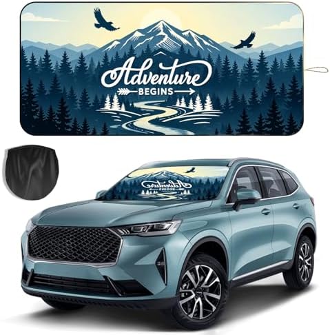 Windshield Sun Shade for Car, 63"x28.5" Universal Fit Front Window Sunshade with Double Steel Ring Frame, Car Sun Shade, UV Protection Windshield Cover with Storage Pouch (Adventure) by OYIXIO