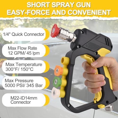 BEAR FORCE High Pressure Washer Short Spray Gun Inlet M22-ID14mm Max 5000 PSI with Nozzle Tips Holder & M22-15mm Connector & 3/8'' Quick Connector Swivel, Power Washer Gun Compatible with Foam Cannon - Image 6