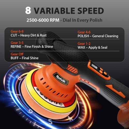 Cordless Car Buffer Polisher Kit, 2x4000mAh 21V Batteries, 6-Inch Orbital Car Polisher, 8 Variable Speeds, LED Display, 18-Piece Accessories for Waxing, Polishing & Scratch Removal - Image 3