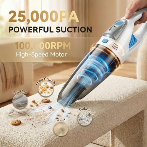 Handheld Vacuum Cordless, 25000Pa Powerful Suction Car Vacuum Portable Cordless with 8000mAh Battery & LED Light, Hand Held Vacuum Rechargeable with HEPA Filters, Home, Car Seats, Pet Hair White - Image 2