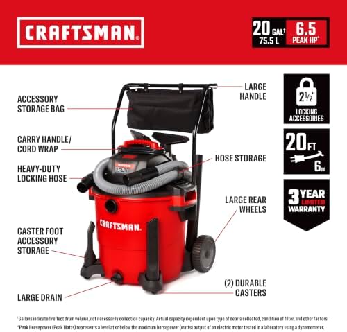 CRAFTSMAN CMXEVBE17656 20 Gallon 6.5 Peak HP Wet Dry Shop Vacuum with Cart - Image 2